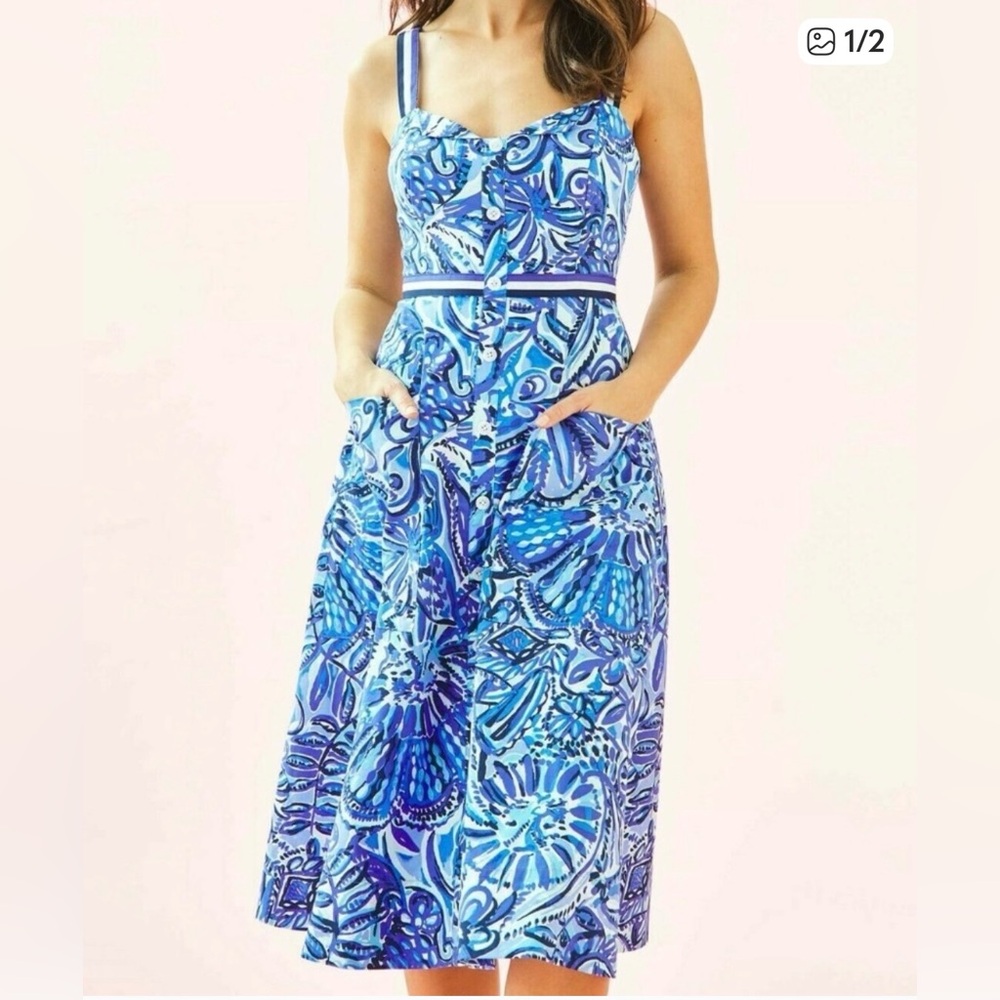 Lilly Pulitzer Blue Printed Sundress with Strappy Bodice Sz 12 IT HAS POCKETS!!